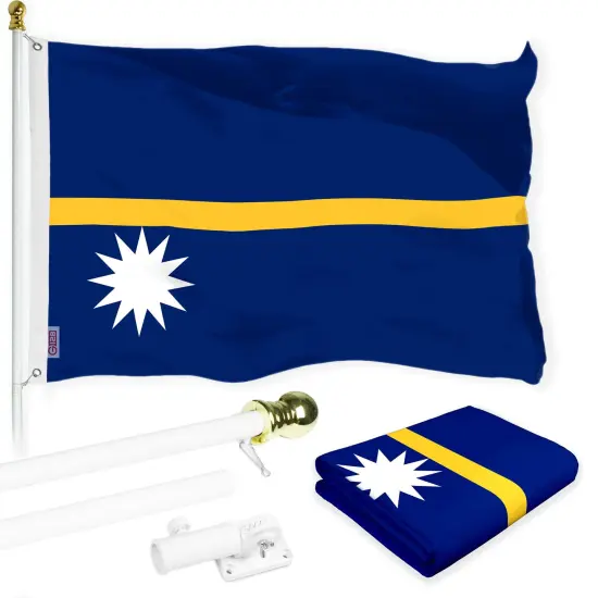 G128 Combo Pack: 6 Ft Tangle Free Aluminum Spinning Flagpole (White) & Nauru Nauruan Flag 3x5 Ft, LiteWeave Pro Series Printed 150D Polyester | Pole with Flag Included {1}
