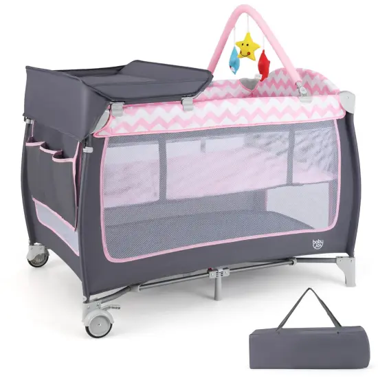 Babyjoy 3 in 1 Baby Playard Portable Infant Nursery Center w/ Zippered Door Pink/Grey/Pink & White/Green {8}