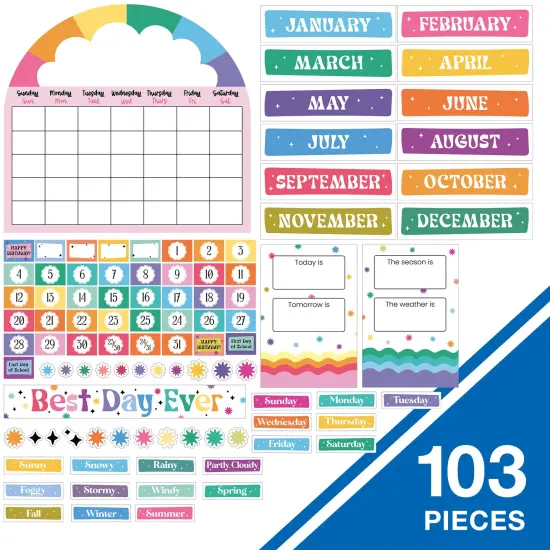 Happily Ever Elementary Retro Remix 107-Piece Calendar Bulletin Board Set, Undated With Monthly Headers, Cover Ups, Weather, Days of Week Chart, Cards, and More Classroom Decor {2}