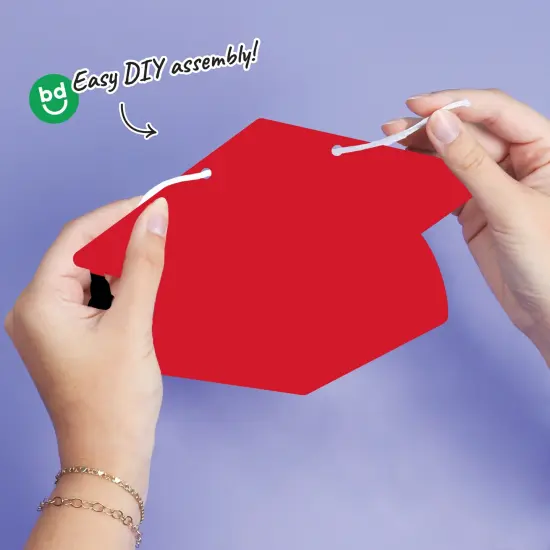 Big Dot of Happiness Red Graduation Cap Garland Banner, Grad Decor, High School or Elementary Photo Backdrop, 10 Feet of Cord, 15 Hats with Tassels {4}