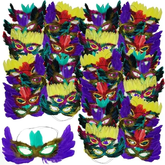 4E's Novelty 12 Pack Bulk Mardi Gras Masks With Feathers for Adult Men Women, Masquerade Party Masks for Mardi Gras Outfit Accessories {2}