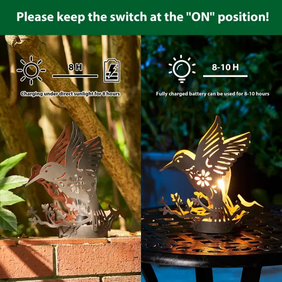 (Set of 2)9.75"H Black and Gold Metal Cutout Flying Hummingbird Silhouette Solar Powered Edison Bulb Outdoor Lantern {4}