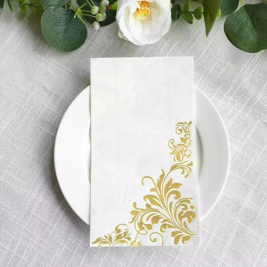 50 White Gold Dinner Paper Napkins Floral Print Party Events Decorations {4}