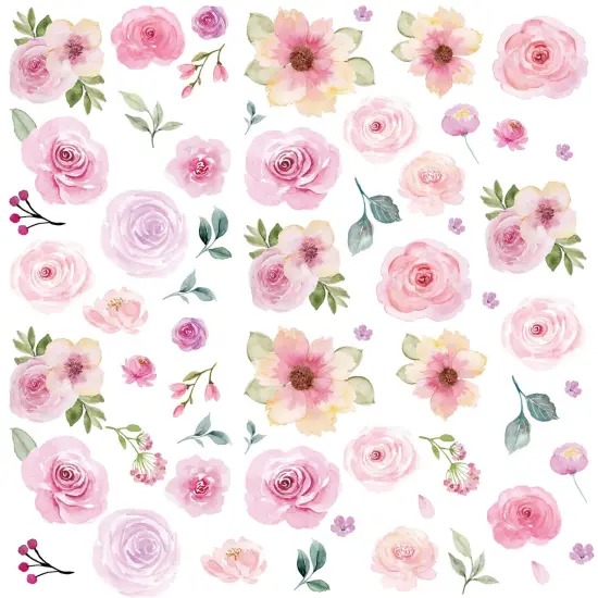 AOWDIAO 60 Pcs Flower Peel and Stick Wall Decals Watercolor Vinyl Peony Floral and Leaves Wall Stickers Pastel Flower Decor for Girls Bedroom Nursery Classroom Living Room {1}