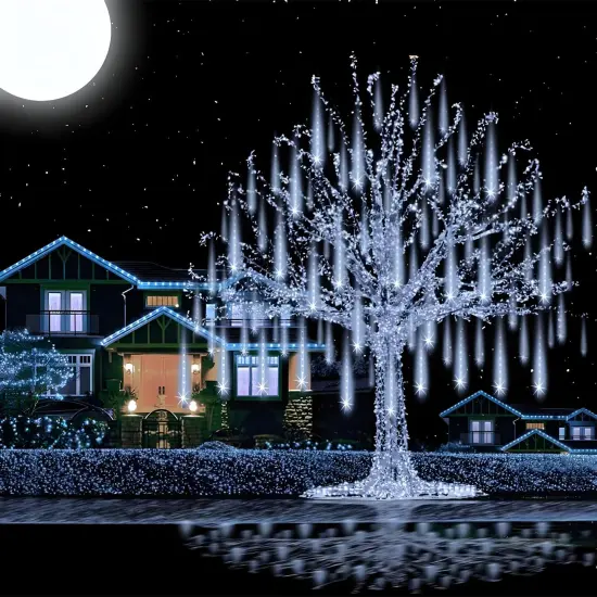 Aukora Rain Drop Lights, LED Meteor Shower Lights 11.8 inch 8 Tubes 192leds, Icicle Snow Falling Lights for Xmas Wedding Party Holiday Garden Tree Christmas Thanksgiving Decoration Outdoor (White) {4}