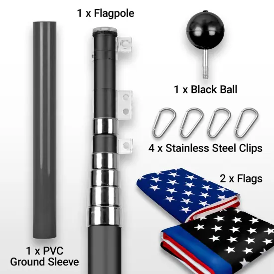 G128 Combo Pack: 20 Ft Telescoping Aluminum Flagpole (Black) & American and Blue Lives Matter Flags 3x5 Ft, Both ToughWeave Series Embroidered Polyester | Pole with Flags Included {2}