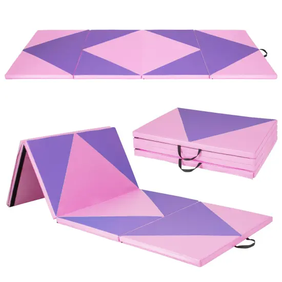 4-Panel PU Leather Folding Exercise Gym Mat with Carrying Handles and Removable Zippered Cover Pink & Purple {3}