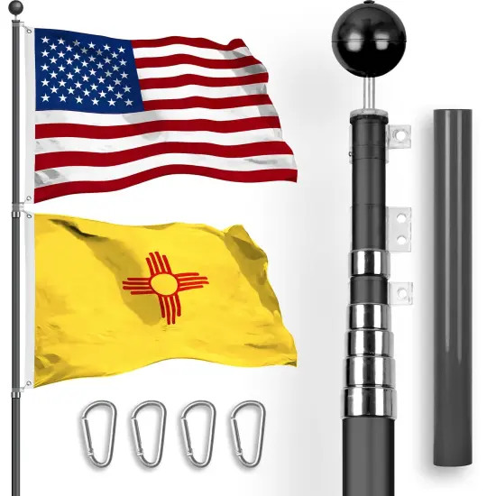G128 Combo Pack: 25 Ft Telescoping Aluminum Flagpole (Black) & American and New Mexico Flags 3x5 Ft, Both StormFlyer Series Embroidered 220GSM Spun Polyester | Pole with Flags Included {1}