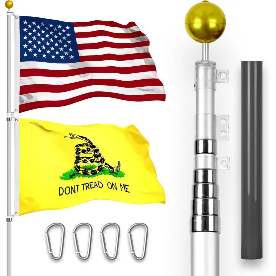 G128 Combo Pack: 25 Ft Telescoping Aluminum Flagpole (Silver) & American and Gadsden Flags 3x5 Ft, Both StormFlyer Series Embroidered 220GSM Spun Polyester | Pole with Flags Included {1}