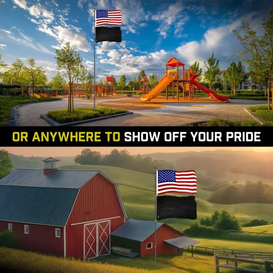 G128 Combo Pack: 20 Ft Telescoping Aluminum Flagpole (Black) & American and All Black USA Flags 3x5 Ft, Both ToughWeave Series Embroidered Polyester | Pole with Flags Included {6}