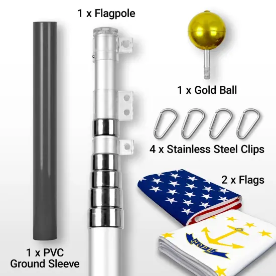 G128 Combo Pack: 20 Ft Telescoping Aluminum Flagpole (Silver) & American and Rhode Island No Golden Border Flags 3x5 Ft, Both ToughWeave Series Embroidered Polyester | Pole with Flags Included {2}