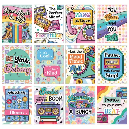 Happily Ever Elementary Retro Remix 12-Piece Motivational Posters, 70s and 80s Groovy, Inspirational Wall Art With Positive Affirmations for Classroom and Room Decor {1}