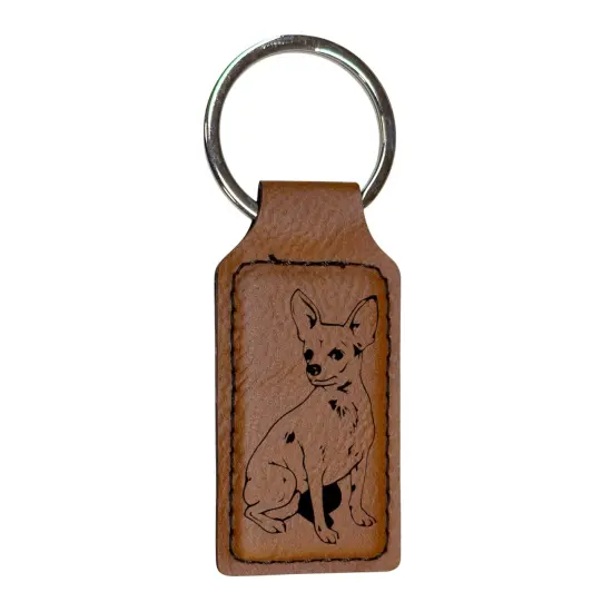Keychain - Rectangle - Chihuahua Dog - Leather Rawhide/Black {1}