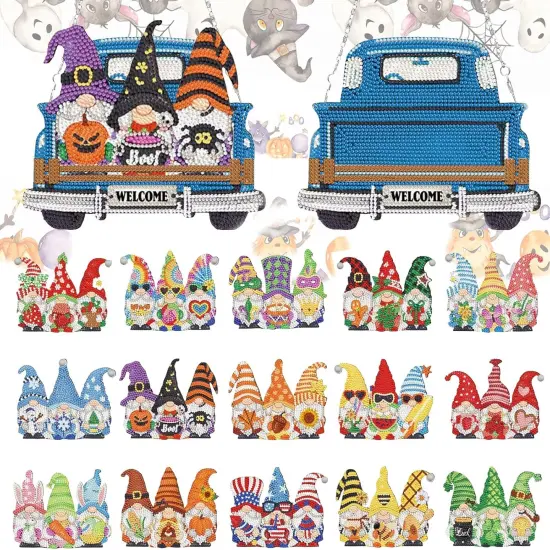 16PCS Interchangeable Diamond Painting Welcome Sign for Front Door Holiday Gnome Decor Blue Truck Hanging Sign Diamond Art Painting Kits for Adults Interchangeable Seasonal Decor for Home Wall {1}