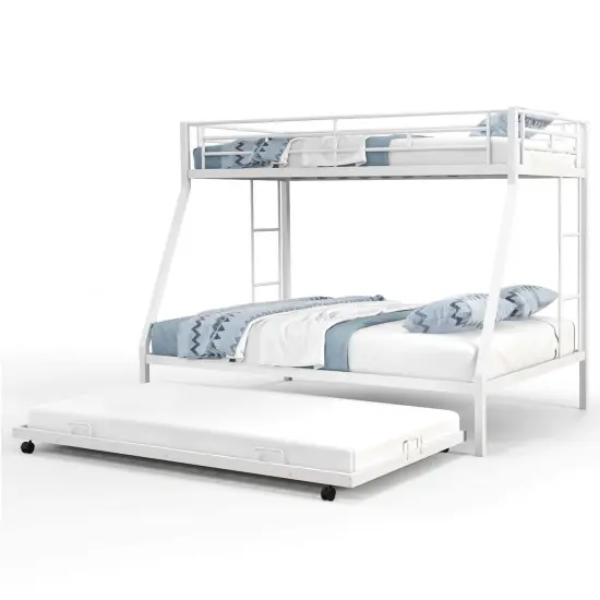 Costway Twin Over Full Metal Slats Bunk Bed Frame with Trundle, Guard Rail & Ladders White/Black {7}