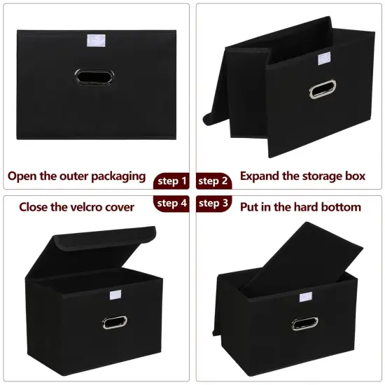 STOREONE Fabric Storage Cube Bins Foldable Organizer Container Collapsible Basket with Lids and Metal Handles, for Home, Bedroom, Closet (Black, 3 Pcs) {4}