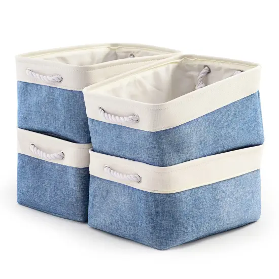 TcaFmac Storage Basket for Organizing - Large 4 Pack Fabric Storage Bins Baskets for Shelves with Ropes, Foldable Storage Cubes for Closet Cloth Toy (White & Blue16x12x8 inch) {1}