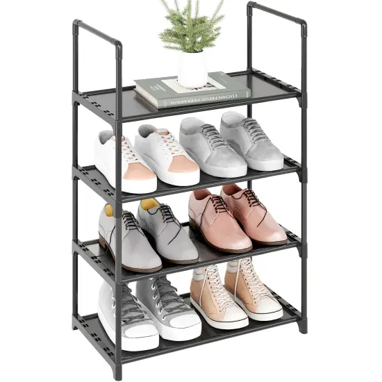 Upgrade Stackable Small Shoe Rack, 4-Tier Shoe Shelf Storage Organizer with Handle for Entryway, Hallway and Closet (Black) {3}