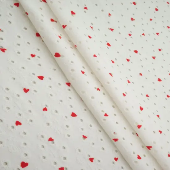 1 Yard Ivory & Red Knit Jacquard Eyelet Heart Print Fabric Stretch Polyester Spandex 58/60 Inches Wide {1}