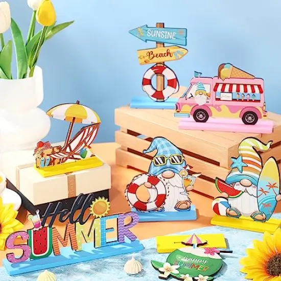 7 Pieces Hello Summer Table Decoration Sign Wooden Centerpieces Beach Gnome Wooden Decor for Farmhouse Summer Beach Home Table Tiered Tray Decor {4}