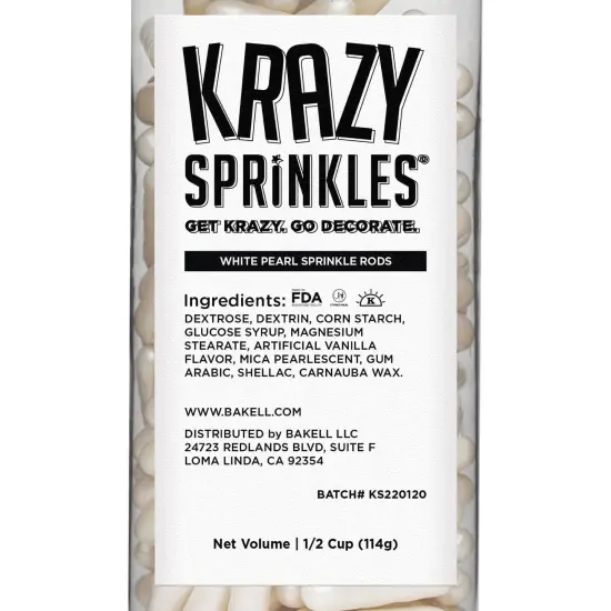 Krazy Sprinkles - White Pearl Rods (1/2 Cup, 1x Jar) for Cakes, Ice Cream & Cookies {4}