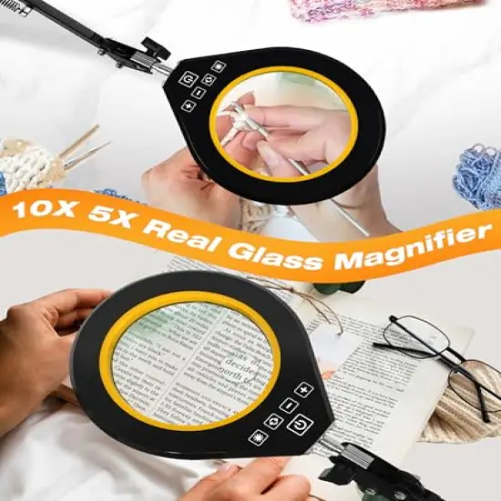 Magnifying Glass with Light, 10X & 5X Real Glass & Anti-Glare Lens, 5 Color Mode Stepless Dimmable LED Desk Magnifying Lamp, Hands-Free Desk Lamp with Clamp for Crafts Reading Repair Hobby (Yellow) {6}