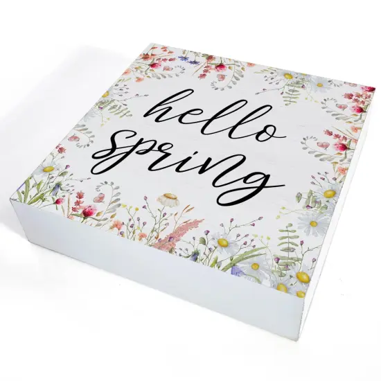 Spring Decor Farmhouse Desk Decorations Wooden Sign, Hello Spring Wood Plaque Block Sign Rustic Home Decor 5 x 5 Inches {6}