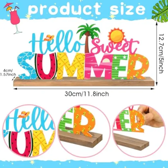 Hello Sweet Summer Metal Sign Rustic Table Decor Holiday Tiered Tray Decor with Wooden Base Freestanding Metal Word Sign for Home Tabletop Centerpiece Mantel Shelf Fireplace {6}