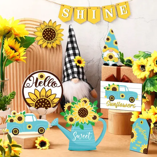 12 Pcs Sunflower Tiered Tray Decor Wooden Summer Tiered Tray Items Truck Gnomes Trays Signs Spring Summer Fall Tabletop Signs for Home Farmhouse Rustic Kitchen Decorations (Sunflower) {3}