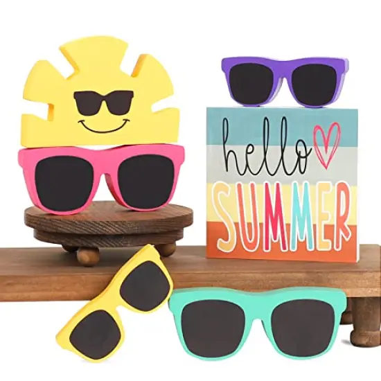 Summer Decor - 6 PCS Rustic Summer Tiered Tray Decor - Hello Summer Sunglasses Sunshine Wood Decorations - Luau Party Decorations {1}
