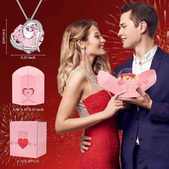 Preserved Real Pink Rose with Necklace Forever Flowers Rose Birthday Gifts {4}