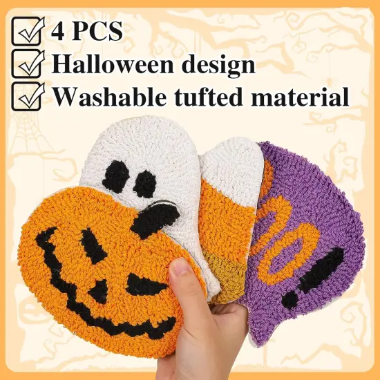 4Pcs Halloween Tufted Coaster Pumpkin Ghost Candy Corn Boo Drink Coaster {3}
