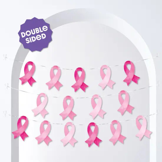 Big Dot of Happiness Pink Ribbon Garland Banner, Breast Cancer Awareness Support Decor, 30 Feet of Cord, 15 Double-Sided Pink Ribbon Pieces {3}