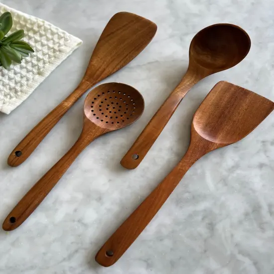 Teak Wooden Kitchen Utensil Set &ndash; 4-Piece Handcrafted Cooking Tools {1}
