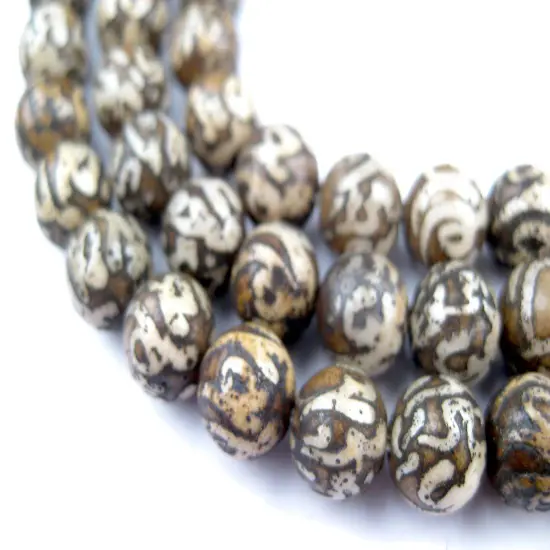 The Bead Chest Patterned Bone Mantra Mala Beads 8mm Nepal Brown Round 36 Inch Strand {1}
