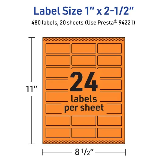 Avery Bright Orange Paper Labels, 1" x 2.5" Rectangle {5}