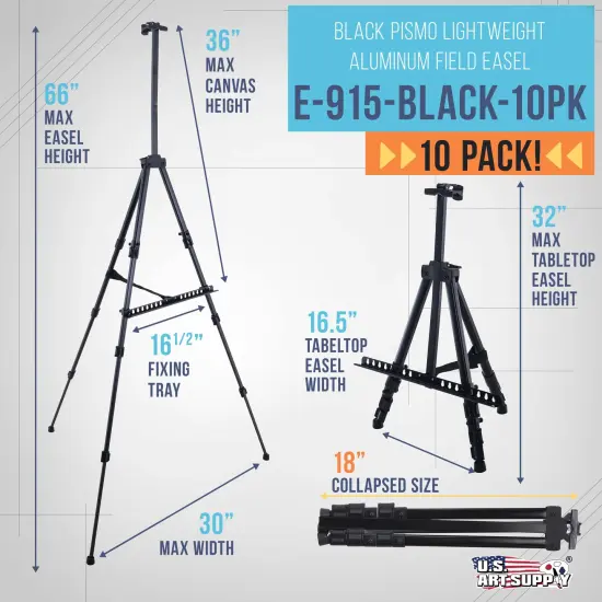U.S. Art Supply 66" Black Metal Tripod Easel Display (10 Pack) - Adjustable 20"- 5.5', Holds 32" Canvas - Floor/Tabletop Easel Stand, For Sign Display, Painting, Poster Board, Canvas - Portable Bag {2}