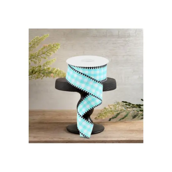 1.5" Gingham Check Ribbon: Turquoise/White (10 Yards) {2}
