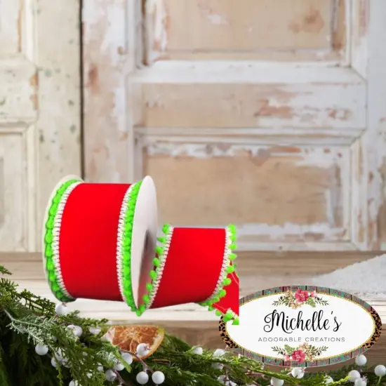 2.5" Red Velvet Pom Ribbon: Lime Green (10 Yards) {4}