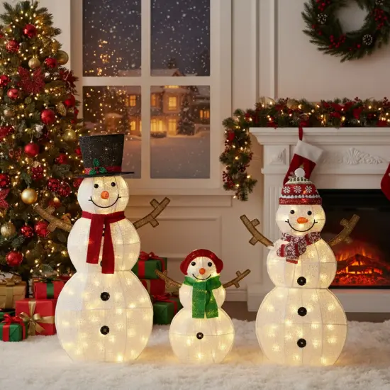 Set of Three 2D Lighted Snowmen 48", 42" & 24" Christmas Yard Ornaments {4}