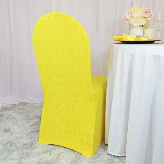 1 Piece Canary Yellow Sequin Spandex Chair Cover Stretch Fit Banquet Style {2}