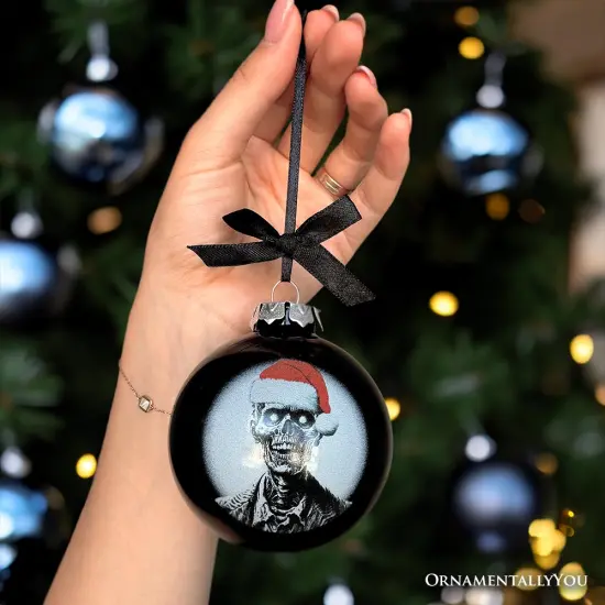 Zombie Christmas Spooky Portrait Glass Ornament, Black Horror Halloween Tree Decoration {3}