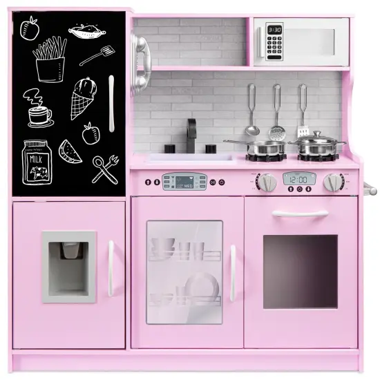 Best Choice Products Pretend Play Kitchen Wooden Toy Set for Kids w/ Telephone, Utensils, Oven, Microwave Pink Floral {7}