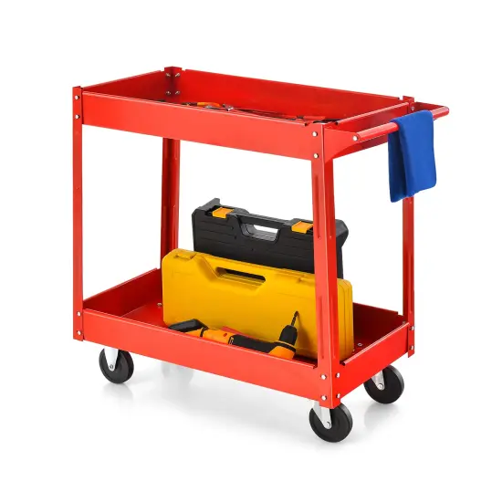 Red 2-Tier Metal Service Cart with Handle and Wheels Perfect for Home and Workshop {2}