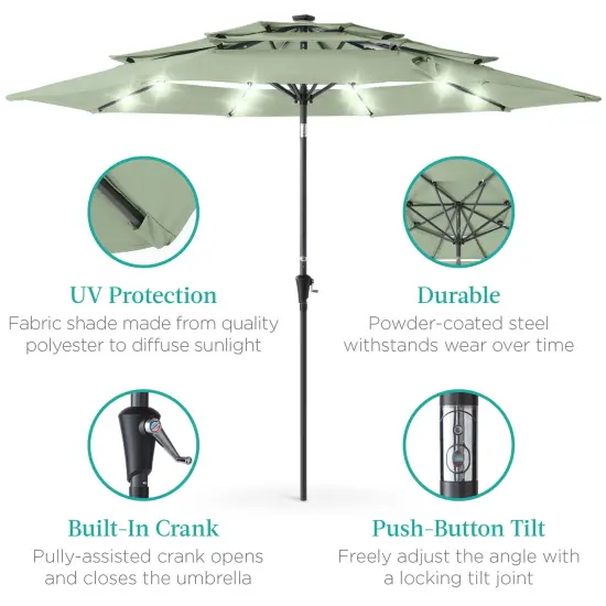 Best Choice Products 10ft 3-Tier Solar Patio Umbrella w/ 24 LED Lights, Tilt Adjustment, Easy Crank Sage Green {5}