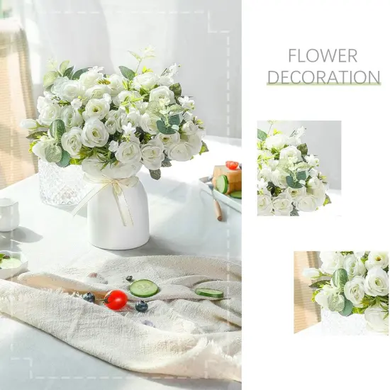 Elegant White Artificial Silk Rose Arrangement &ndash; Faux Flowers with Vase for Home, Office & Events {2}