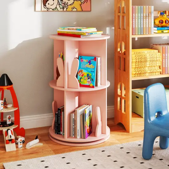 Costway Kids Rotating Bookshelf 2 Tier Freestanding 360&deg; Revolving Display Storage Rack White/Pink {5}