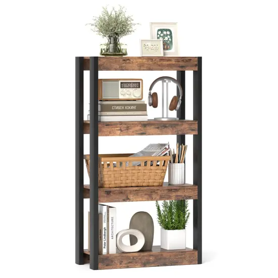 Costway 1/2 PCS 4 Tier Bookshelf Wooden Bookcase with Dual Anti-Tipping Kits Open Shelving Unit Natural/Brown {8}