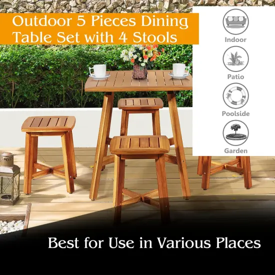 Costway 5PCS Acacia Patio Dining Set W/Square Table & 4 Stools Reddish Brown {5}