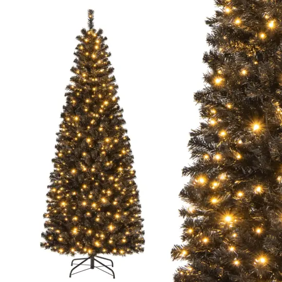 Costway 7ft Pre-lit PVC Christmas Halloween Pencil Tree Black with 350 LED Lights {1}